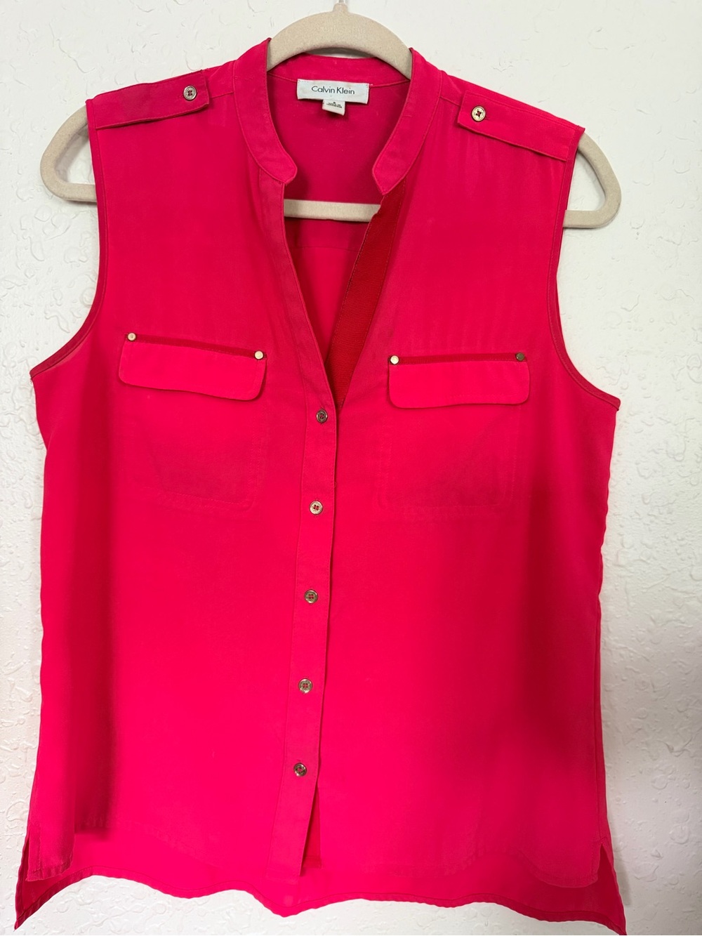 Calvin Klein Women's Sleeveless Button-Front Shell - Hot Pink, SIZE S.